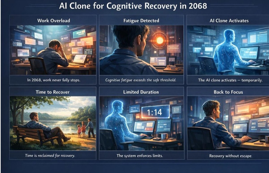 Storyboard 'AI Clone for Cognitive Recovery in 2068': work overload, fatigue detected, AI clone activates, time to recover, limited duration, back to focus